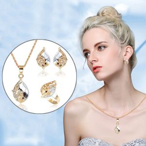 3 PCS Women Beautiful Peacock Crystal-like Necklace Ring Earrings Jewelry Set