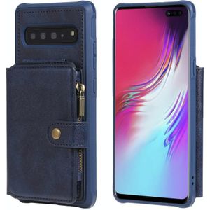 Voor Galaxy S10 5G Buckle Zipper Shockproof Protective Case met Holder & Card Slots & Wallet & Lanyard & Photos Frames(Blue)