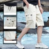 Summer Cotton Solid Color Loose Casual Cargo Shorts for Men (Color:Khaki Size:M)