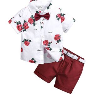 Summer Boys Print Short Sleeve Shirt + Shorts Set  Kid Size:110cm(White)