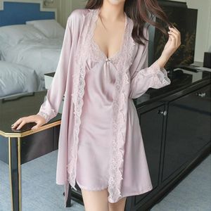 2 in 1 Ladies Lace Silk Sling Nightdress + Cardigan Nightgown Set (Color:Lotus pink Size:M)