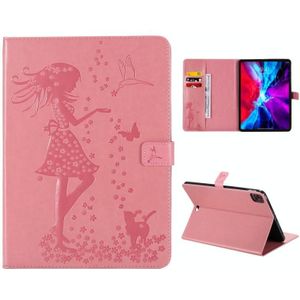 For iPad Pro 11 (2020) Pressed Printing Woman and Cat Pattern Horizontal Flip Leather Case with Holder & Card Slots & Wallet(Pink)