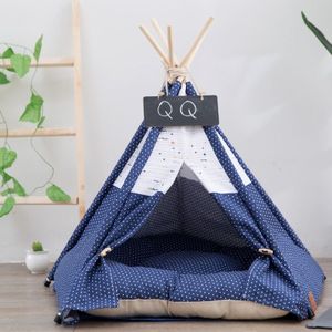 Cotton Canvas Pet Tent Cat and Dog Bed with Cushion  Specification: Large 60×60×70cm(Navy Blue Dot)