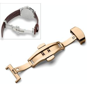 Watch Leather Wrist Strap Butterfly Buckle 316 Stainless Steel Double Snap  Size: 18mm (Rose Gold)