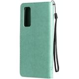 For Huawei P Smart 2021 Tree & Cat Pattern Pressed Printing Horizontal Flip PU Leather Case with Holder & Card Slots & Wallet & Lanyard(Green)