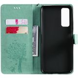 For Huawei P Smart 2021 Tree & Cat Pattern Pressed Printing Horizontal Flip PU Leather Case with Holder & Card Slots & Wallet & Lanyard(Green)