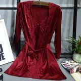 2 in 1 Ladies Lace Silk Sling Nightdress + Cardigan Nightgown Set (Color:Wine Red Size:M)