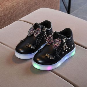 Kinderschoenen Baby Infant Girls Eyelash Crystal Bowknot LED Luminous Boots Sneakers  Maat:28 (Zwart)