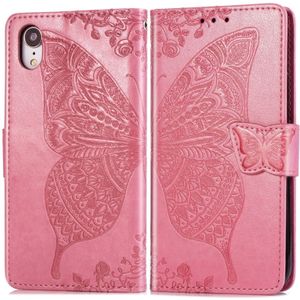 Butterfly Love Flowers Embossing Horizontal Flip Leather Case for iPhone XR  with Holder & Card Slots & Wallet & Lanyard (Pink)