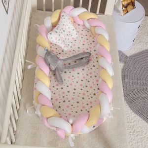 Cotton Woven Folding Portable Crib Bed Bionic Removable and Washable Manual Fence Three-dimensional Protective Crib(White Yellow Pink)