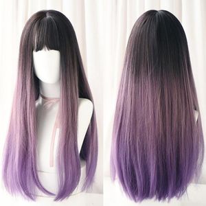 Gradient Color Long Straight Hair Wig Female Chemical Fiber Headgear Simulation Hair(Haze Purple Gradient 65CM)