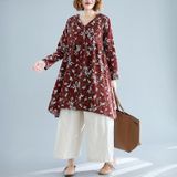Retro Print Plus Size Cotton And Linen Dress Loose V-neck Skirt (Color:Wine Red Size:XL)