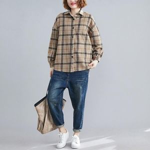 Long-sleeved Plaid Shirt Women Autumn And Winter Loose Retro All-match Shirt Jacket (Color:Khaki Size:Free Size)