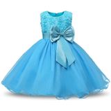 Blue Girls Sleeveless Rose Flower Pattern Bow-knot Lace Dress Show Dress  Kid Size: 90cm
