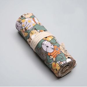 2 PCS 12 Holes Cotton Canvas Large Capacity Pen Curtain Big Face Cute Cat Cartoon Color Pencil Bag