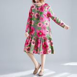 Large Size Loose And Thin Mid-length Linen Cotton Print Dress (Color:Rose Red Size:XXL)