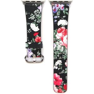 For Apple Watch Series 3 & 2 & 1 38mm New Style Chinese Ink Floral Pattern Genuine Leather Wrist Watch Band (Black)