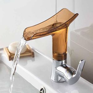 Bathroom Hot Cold Water Faucet Wine Glass Waterfall Faucet(Brown &Yellow)