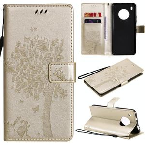 For Huawei Y9a Tree & Cat Pattern Pressed Printing Horizontal Flip PU Leather Case with Holder & Card Slots & Wallet & Lanyard(Gold)