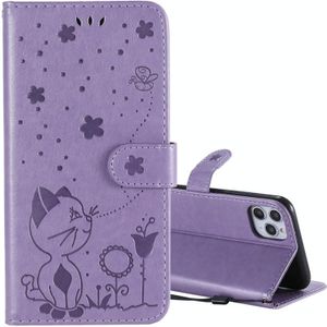 For iPhone 11 Pro Max Cat Bee Embossing Pattern Shockproof Horizontal Flip Leather Case with Holder & Card Slots & Wallet(Purple)