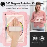 For iPad 10.2 2021 / 2020 / 2019 360 Degree Rotation Contrast Color Shockproof Silicone + PC Case with Holder & Hand Grip Strap & Shoulder Strap(Rose Gold)