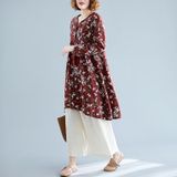 Retro Print Plus Size Cotton And Linen Dress Loose V-neck Skirt (Color:Wine Red Size:L)