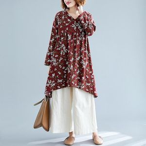 Retro Print Plus Size Cotton And Linen Dress Loose V-neck Skirt (Color:Wine Red Size:L)