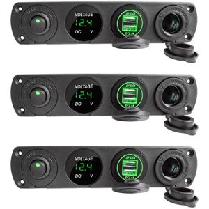 3 PCS 4-holes paneelcombinatieschakelaar Dual USB 4.2A Power Plug met voltmeter (groen licht)