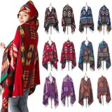 Autumn And Winter Horn Buckle Ethnic Style Hooded Cloak Shawl Bohemian Hooded Shawl  Size:135-175cm(B Style Blue)