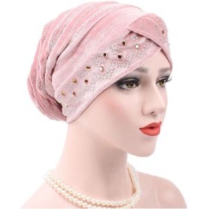 Pleuche Rhinestone Turban Hat Stacking Hat  Size:Adjustable(Pink)