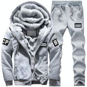 2 in 1 Winter Letter Pattern Plus Velvet Thick Hooded Jacket + Trousers Casual Sports Set for Men (Color:Grey Size:Xl)