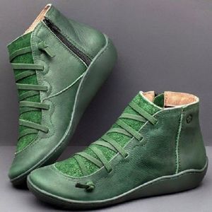 PU Boots Lace-Up Retro Flat Women Boots  Size:41(Green)