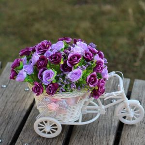 Small Size Handmade Rattan Tricycle Bicycle Flower Basket for Home Garden Wedding Party Decoration  Random Silk Ribbon Color Delivery