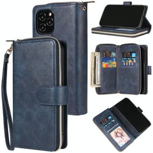 For iPhone 12 / 12 Pro Zipper Wallet Bag Horizontal Flip PU Leather Case with Holder & 9 Card Slots & Wallet & Lanyard & Photo Frame(Blue)