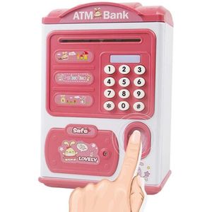 Simulation Password Fingerprint Sensor Unlocking Money Box Automatic Roll Money Safe ATM Piggy Bank(Pink)