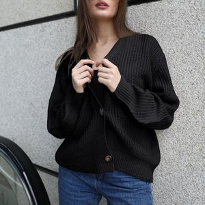 Fashion Cardigan Solid Color Knit Button Sweater (Color:Black Size:S)