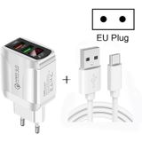 F002C QC3.0 USB + USB 2.0 LED Digital Display Fast Charger with USB to Type-C Data Cable  EU Plug(White)