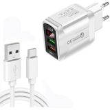 F002C QC3.0 USB + USB 2.0 LED Digital Display Fast Charger with USB to Type-C Data Cable  EU Plug(White)