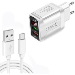 F002C QC3.0 USB + USB 2.0 LED Digital Display Fast Charger with USB to Type-C Data Cable  EU Plug(White)