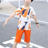 Summer Childrens Fashion Suit Short-sleeved Casual Pants Sportswear (Color:Orange Size:140)