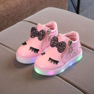 Kids Shoes Baby Infant Girls Eyelash Crystal Bowknot LED Luminous Boots Shoes Sneakers  Size:24(Pink)