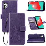 Four-leaf Clasp Embossed Buckle Mobile Phone Protection Leather Case with Lanyard & Card Slot & Wallet & Bracket Function For Samsung Galaxy A32 5G(Purple)