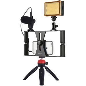PULUZ 4 in 1 Vlogging Live Broadcast LED Selfie Light Smartphone Video Rig Kits with Microphone + Tripod Mount + Cold Shoe Tripod Head for iPhone  Galaxy  Huawei  Xiaomi  HTC  LG  Google  and Other Smartphones(Red)