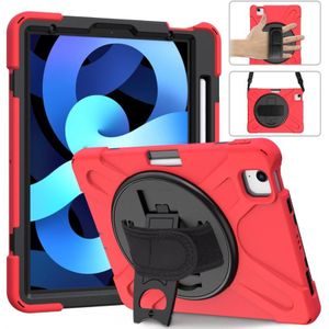 For iPad Air (2020) 10.9 360 Degree Rotation PC + Silicone Protective Case with Holder & Hand-strap(Red)