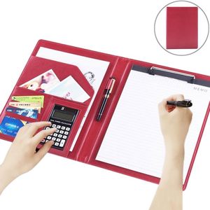 Office Supplies Business Style Leather Document Folder with 30-pages A4 Note Pad & Calculator (Red)