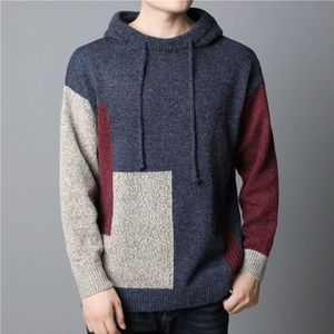 Colorblock Knit Long Sleeve Hoodie Loose Pullover for Men (Color:Blue Size:XXXL)