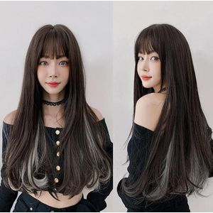 Wig Female Long Hair Hanging Ears Highlight Hair Full Headgear Bangs Long Curly Hair(Black Tea White Rainbow 65cm)