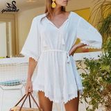 Bikini White Beach Dress Cotton Lace Cover-ups Swimsuit  Size:One Size(White)