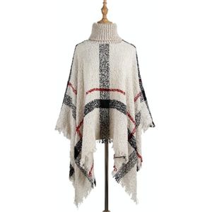 Women Mid-Length Turtleneck Sweater Fringed Cloak Shawl  Size: Free Size(Beige)