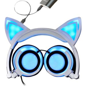 USB Charging Foldable Glowing Cat Ear Headphone Gaming Headset with LED Light & AUX Cable  For iPhone  Galaxy  Huawei  Xiaomi  LG  HTC and Other Smart Phones(White)
